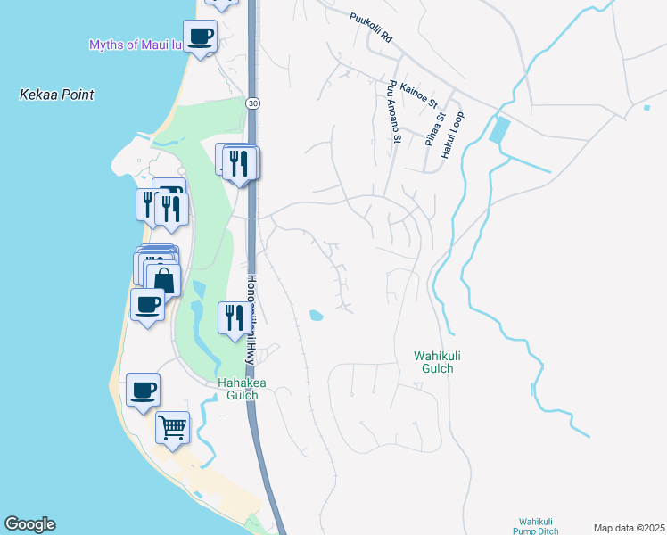 map of restaurants, bars, coffee shops, grocery stores, and more near 101 Kualapa Place in Lahaina