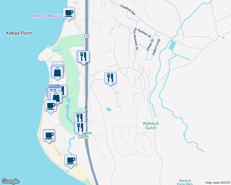 map of restaurants, bars, coffee shops, grocery stores, and more near 139 Kualapa Place in Lahaina