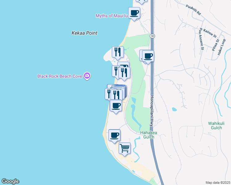 map of restaurants, bars, coffee shops, grocery stores, and more near 2481 Kaanapali Parkway in Lahaina