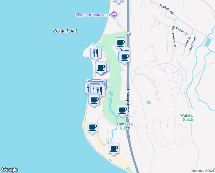 map of restaurants, bars, coffee shops, grocery stores, and more near 2481 Kaanapali Parkway in Lahaina