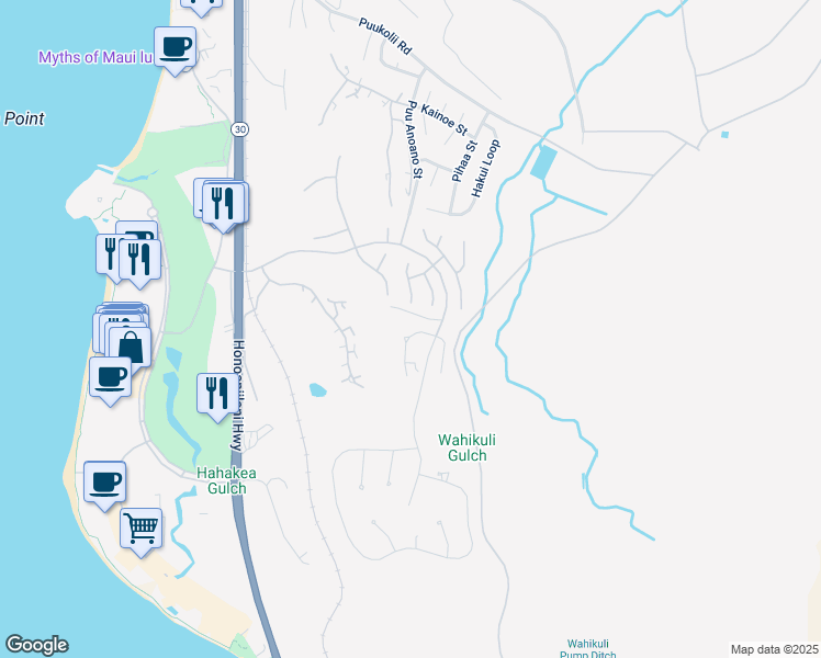 map of restaurants, bars, coffee shops, grocery stores, and more near 28 West Mahi Pua Place in Lahaina
