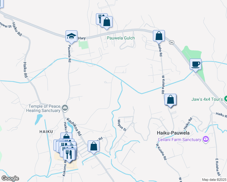 map of restaurants, bars, coffee shops, grocery stores, and more near 580A Lihau Place in Haiku-Pauwela