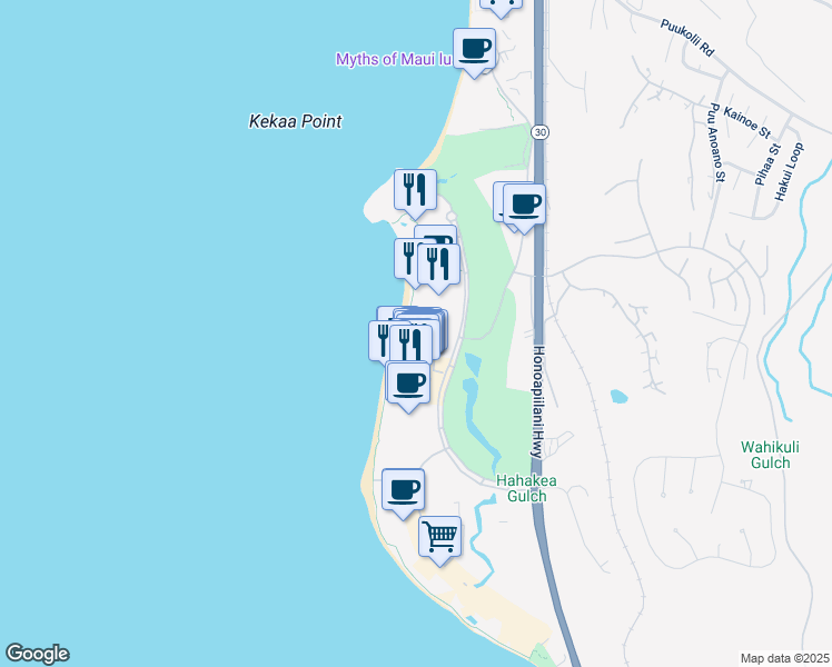 map of restaurants, bars, coffee shops, grocery stores, and more near 2481 Kaanapali Parkway in Lahaina