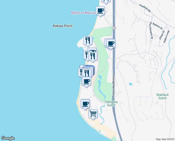 map of restaurants, bars, coffee shops, grocery stores, and more near 2481 Kaanapali Parkway in Lahaina