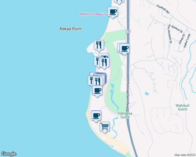 map of restaurants, bars, coffee shops, grocery stores, and more near 2481 Kaanapali Parkway in Lahaina