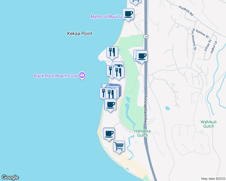 map of restaurants, bars, coffee shops, grocery stores, and more near 2481 Kaanapali Parkway in Lahaina