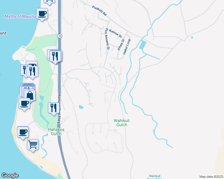 map of restaurants, bars, coffee shops, grocery stores, and more near 10 West Mahi Pua Place in Lahaina