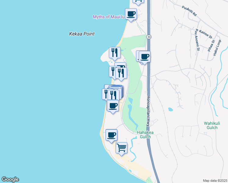 map of restaurants, bars, coffee shops, grocery stores, and more near 2481 Kaanapali Parkway in Lahaina