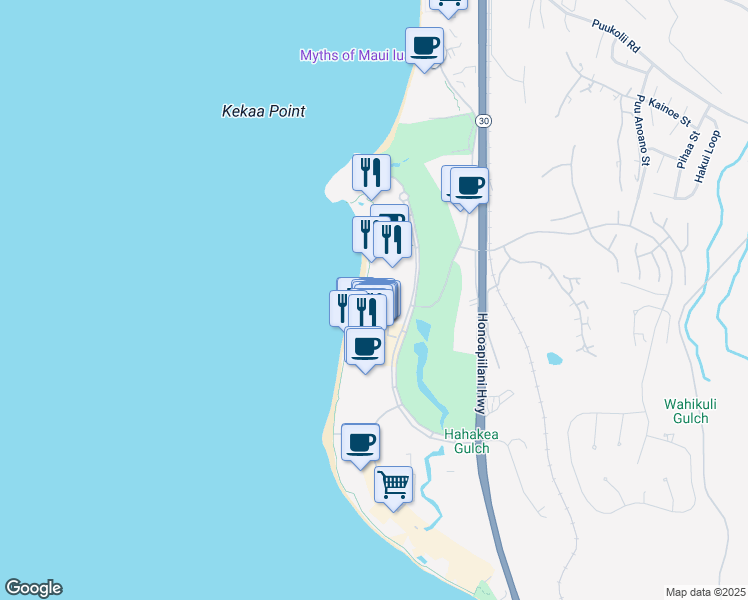 map of restaurants, bars, coffee shops, grocery stores, and more near 2481 Kaanapali Parkway in Lahaina