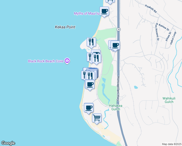 map of restaurants, bars, coffee shops, grocery stores, and more near 2481 Kaanapali Parkway in Lahaina