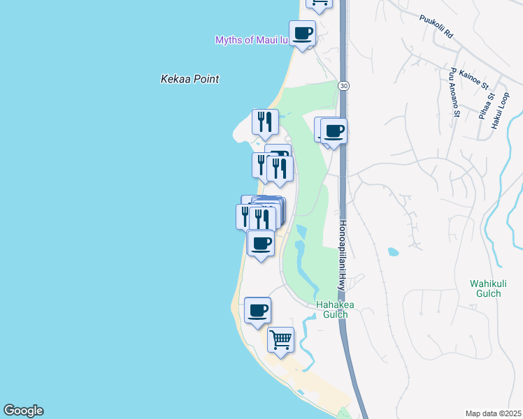 map of restaurants, bars, coffee shops, grocery stores, and more near 2481 Kaanapali Parkway in Lahaina