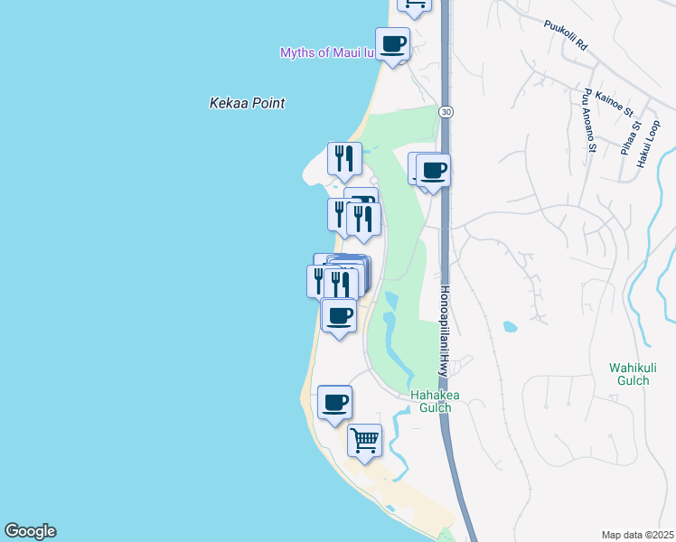 map of restaurants, bars, coffee shops, grocery stores, and more near 2481 Kaanapali Parkway in Lahaina