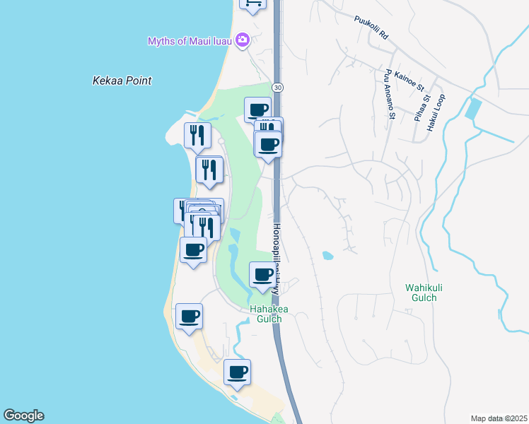 map of restaurants, bars, coffee shops, grocery stores, and more near 2560 Kekaa Drive in Lahaina
