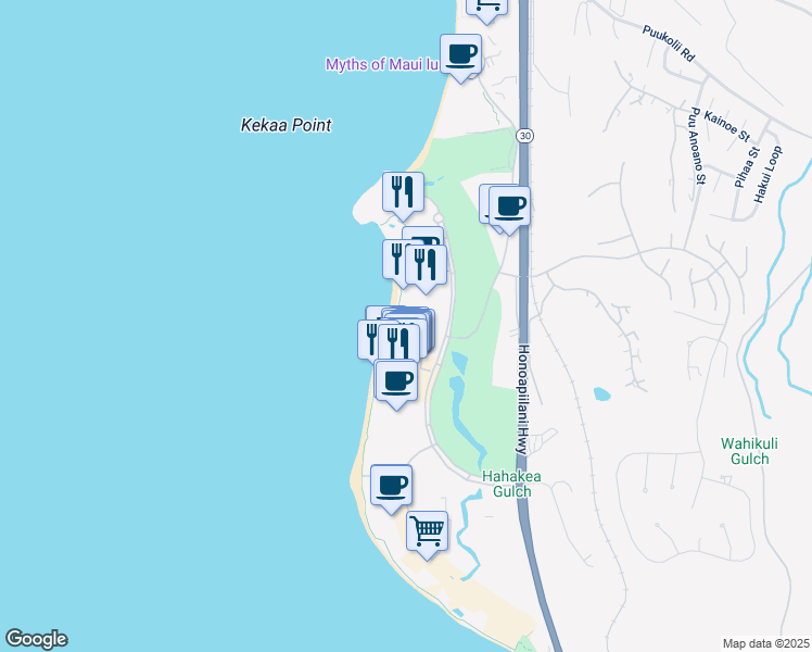 map of restaurants, bars, coffee shops, grocery stores, and more near 2481 Kaanapali Parkway in Lahaina