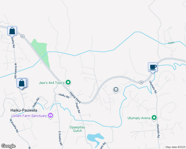 map of restaurants, bars, coffee shops, grocery stores, and more near 99 Oili Road in Haiku-Pauwela
