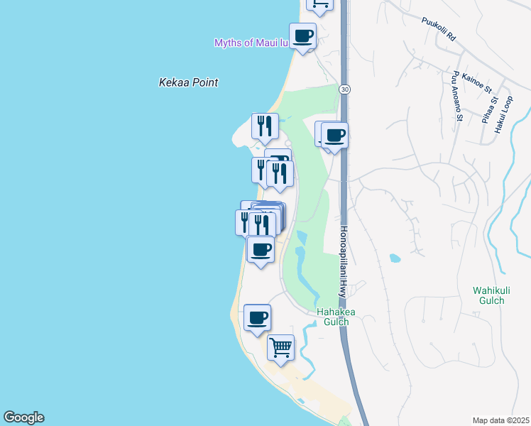 map of restaurants, bars, coffee shops, grocery stores, and more near 2481 Kaanapali Parkway in Lahaina