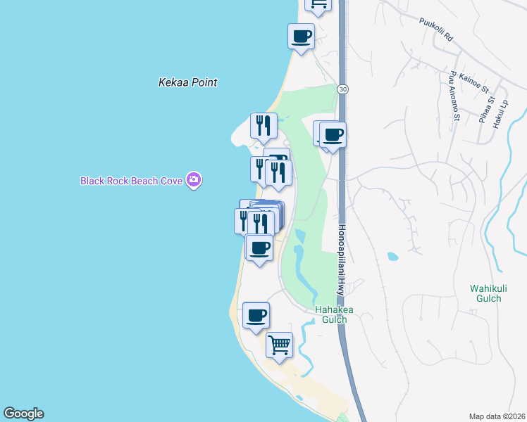 map of restaurants, bars, coffee shops, grocery stores, and more near 2481 Kaanapali Parkway in Lahaina