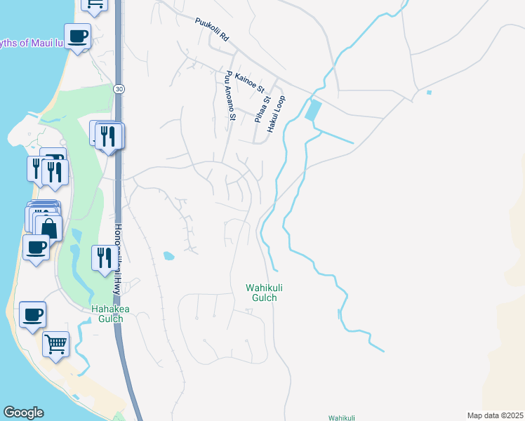 map of restaurants, bars, coffee shops, grocery stores, and more near 411 Wekiu Place in Lahaina