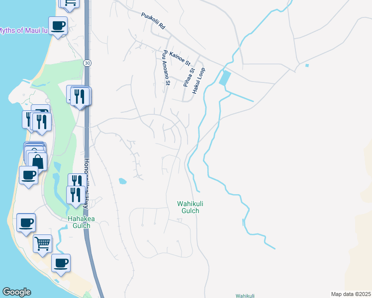 map of restaurants, bars, coffee shops, grocery stores, and more near 412 Wekiu Place in Lahaina
