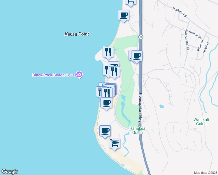 map of restaurants, bars, coffee shops, grocery stores, and more near 2481 Kaanapali Parkway in Lahaina