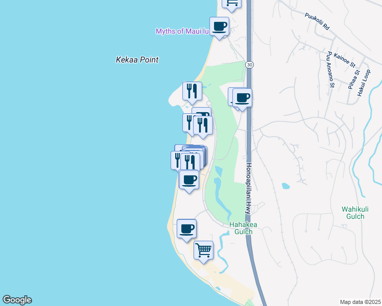 map of restaurants, bars, coffee shops, grocery stores, and more near 2481 Kaanapali Parkway in Lahaina