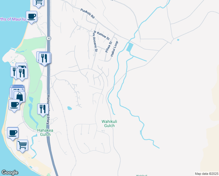 map of restaurants, bars, coffee shops, grocery stores, and more near 407 Wekiu Place in Lahaina