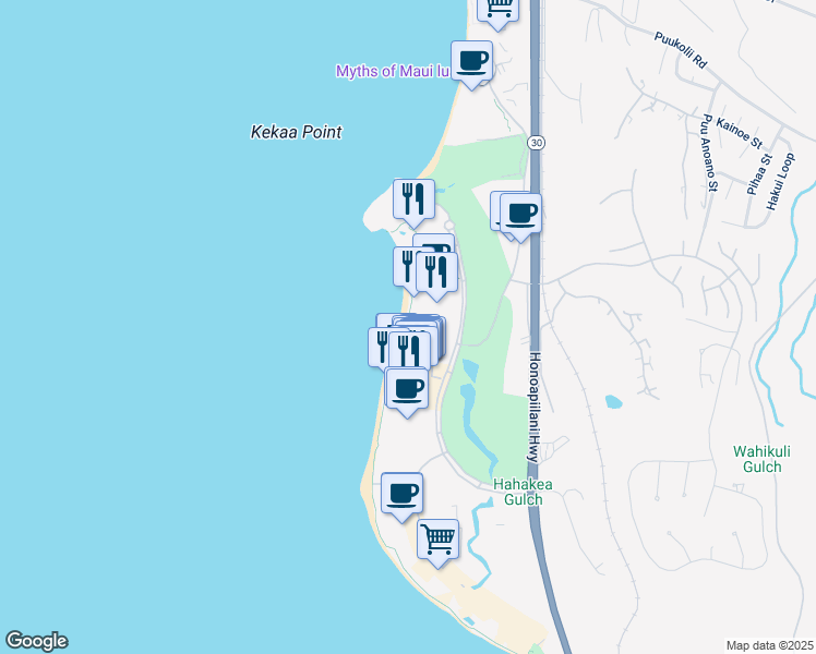 map of restaurants, bars, coffee shops, grocery stores, and more near 2481 Kaanapali Parkway in Lahaina