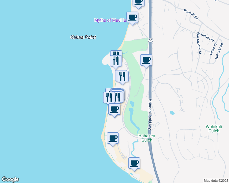 map of restaurants, bars, coffee shops, grocery stores, and more near 2481 Kaanapali Parkway in Lahaina
