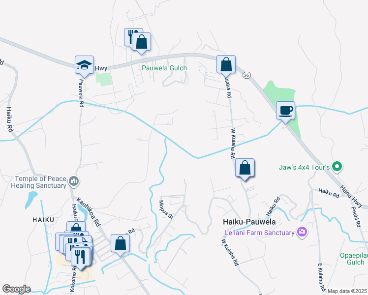 map of restaurants, bars, coffee shops, grocery stores, and more near 580 A Lihau Place in Haiku-Pauwela