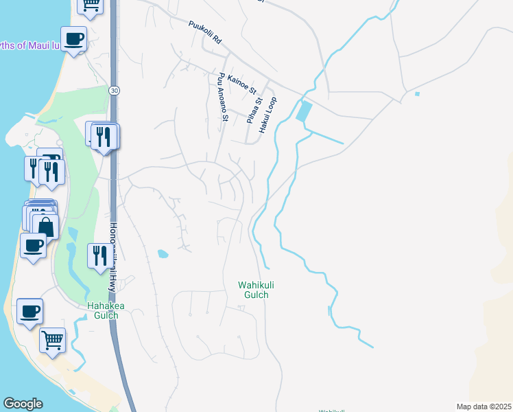map of restaurants, bars, coffee shops, grocery stores, and more near 407 Wekiu Place in Lahaina