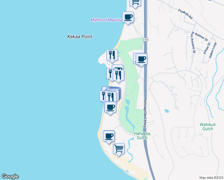 map of restaurants, bars, coffee shops, grocery stores, and more near 2481 Kaanapali Parkway in Lahaina