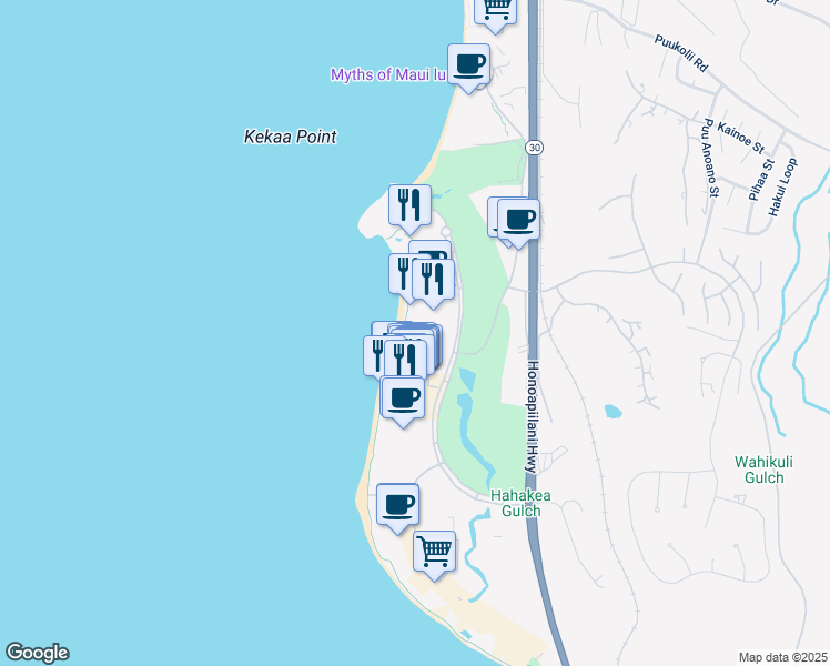 map of restaurants, bars, coffee shops, grocery stores, and more near 2481 Kaanapali Parkway in Lahaina
