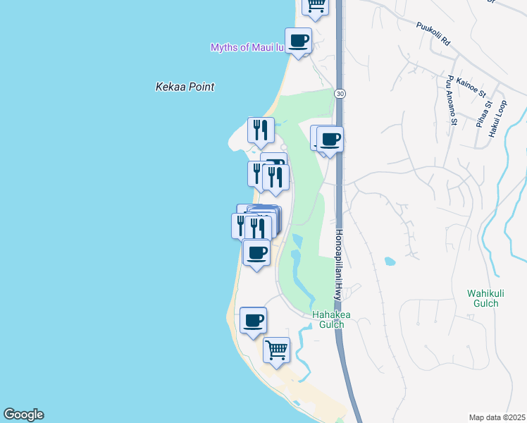 map of restaurants, bars, coffee shops, grocery stores, and more near 2481 Kaanapali Parkway in Lahaina