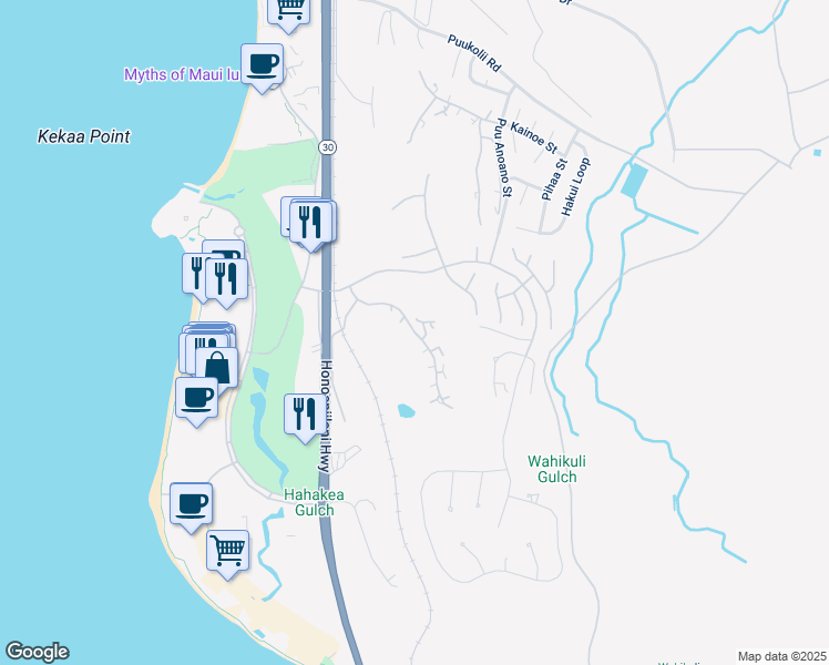 map of restaurants, bars, coffee shops, grocery stores, and more near Kualapa Place in Kaanapali
