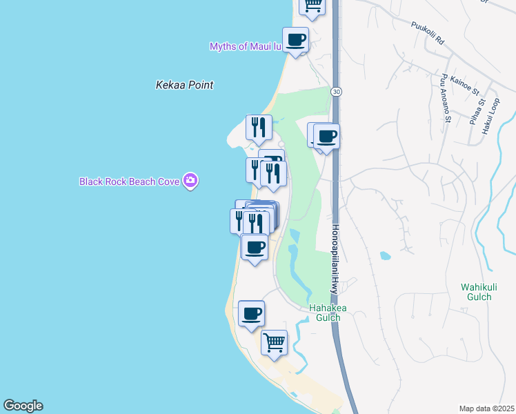 map of restaurants, bars, coffee shops, grocery stores, and more near 2481 Kaanapali Parkway in Lahaina