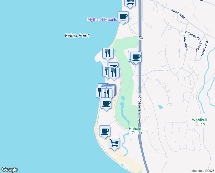 map of restaurants, bars, coffee shops, grocery stores, and more near 2481 Kaanapali Parkway in Lahaina