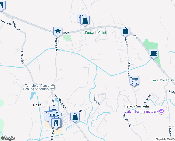 map of restaurants, bars, coffee shops, grocery stores, and more near 580A Lihau Place in Haiku-Pauwela