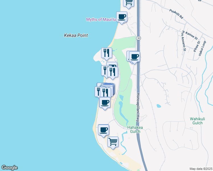 map of restaurants, bars, coffee shops, grocery stores, and more near 2481 Kaanapali Parkway in Lahaina