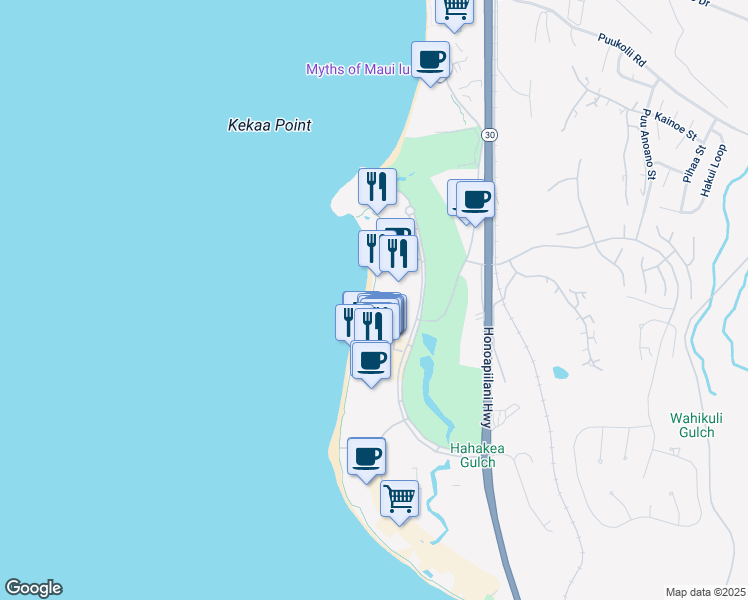 map of restaurants, bars, coffee shops, grocery stores, and more near 2481 Kaanapali Parkway in Lahaina