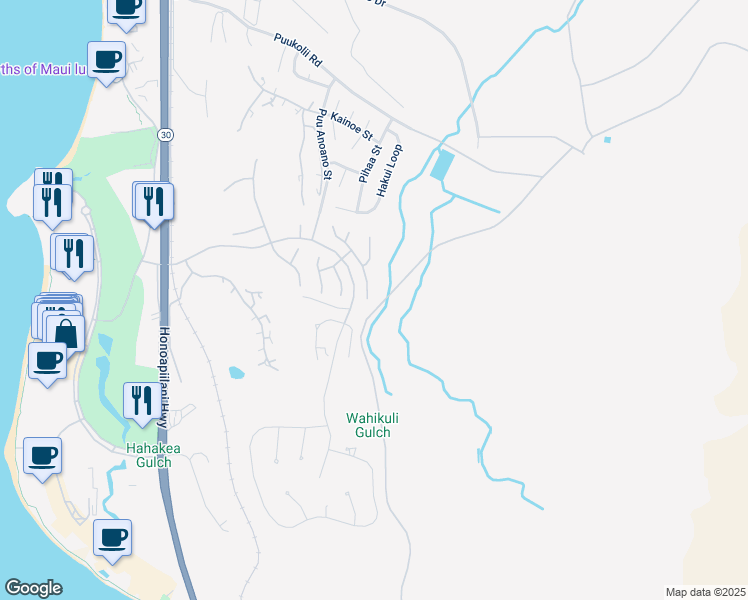map of restaurants, bars, coffee shops, grocery stores, and more near 401 Wekiu Place in Lahaina