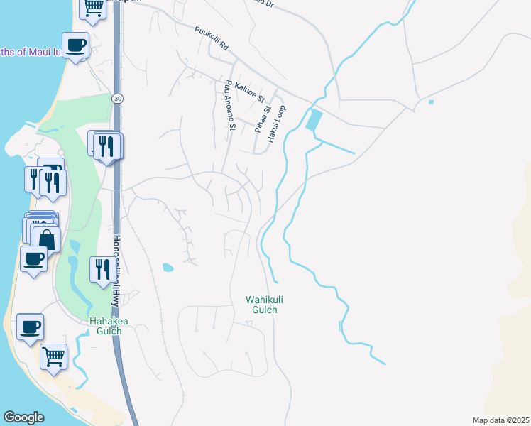map of restaurants, bars, coffee shops, grocery stores, and more near 401 Wekiu Place in Lahaina