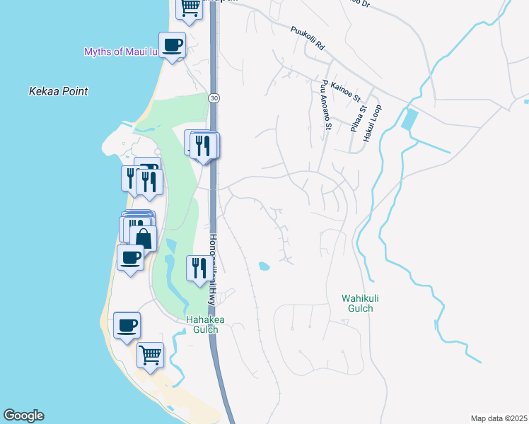 map of restaurants, bars, coffee shops, grocery stores, and more near 166 Kualapa Place in Lahaina