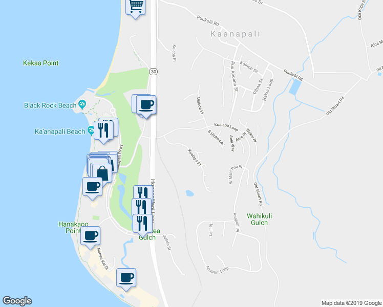 map of restaurants, bars, coffee shops, grocery stores, and more near 134 Kualapa Place in Lahaina