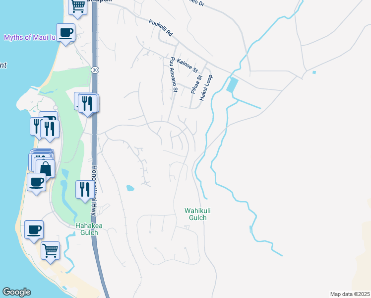 map of restaurants, bars, coffee shops, grocery stores, and more near 371 Kului Way in Lahaina