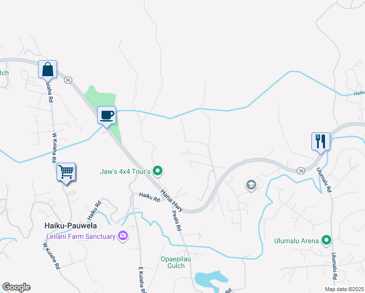 map of restaurants, bars, coffee shops, grocery stores, and more near 129 Oili Road in Haiku-Pauwela