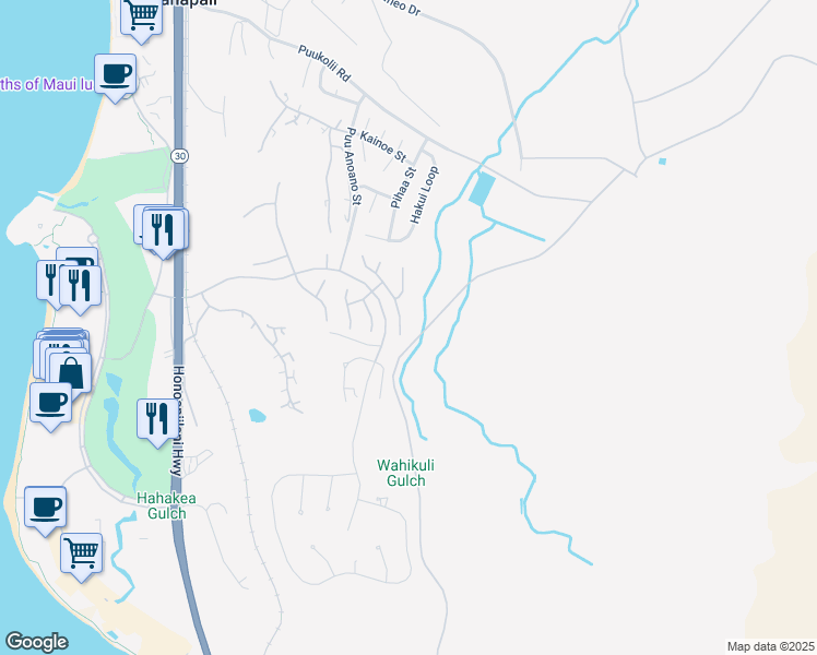map of restaurants, bars, coffee shops, grocery stores, and more near 395 Wekiu Place in Lahaina