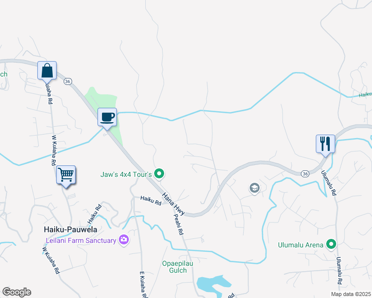map of restaurants, bars, coffee shops, grocery stores, and more near 129 Oili Road in Haiku-Pauwela