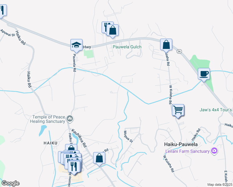map of restaurants, bars, coffee shops, grocery stores, and more near 695 Kauhikoa Road in Haiku-Pauwela