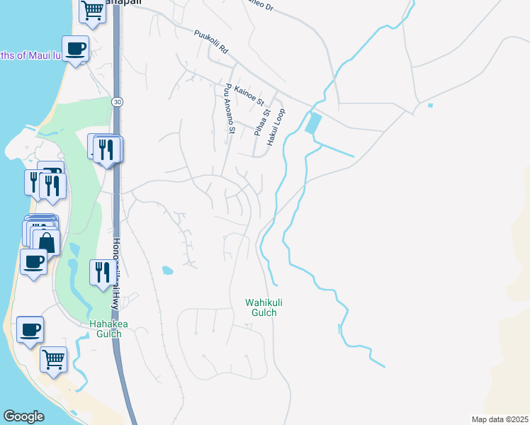 map of restaurants, bars, coffee shops, grocery stores, and more near 395 Wekiu Place in Lahaina