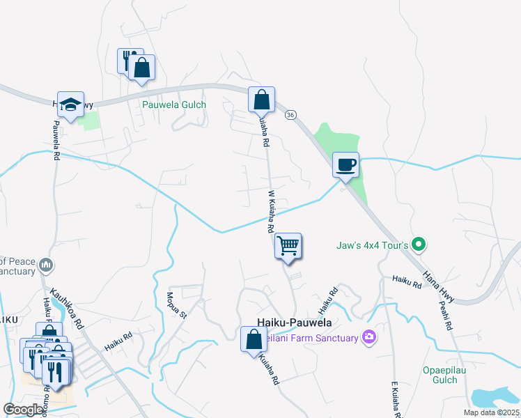 map of restaurants, bars, coffee shops, grocery stores, and more near 210 West Kuiaha Road in Haiku-Pauwela